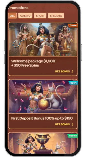 Choosing between the AUD1,000 Welcome Package with 350 Free Spins, sports bonus up to AUD100 or no bonus at Cleobetra