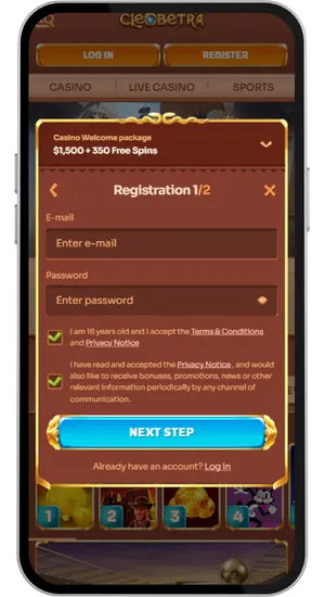 Creating a Cleobetra account by entering personal details, selecting AUD currency and confirming age and terms
