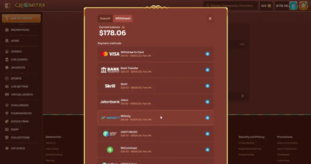 withdrawal limit in Cleobetra
